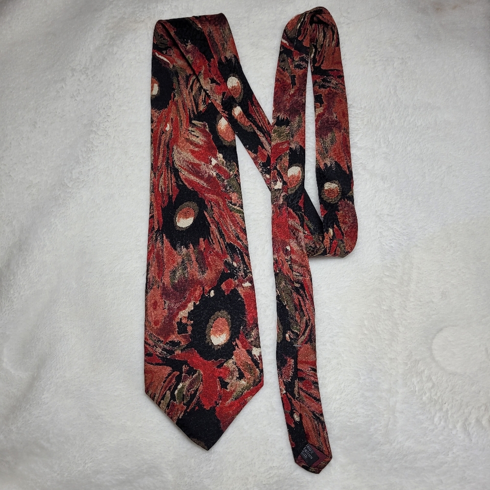 Courrèges Homme Silk Necktie Abstract Red, Black & Olive Pattern EUC